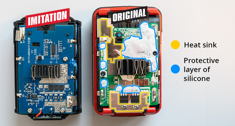 comparison of the inside of a fake and a original battery